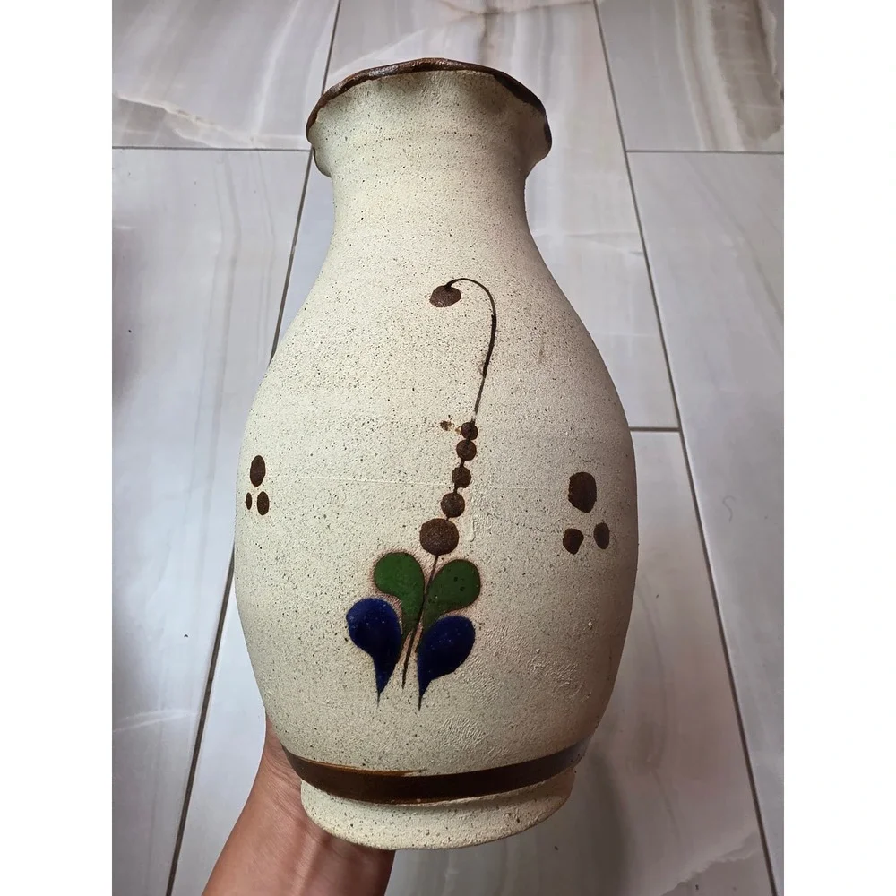 Vintage Tonala Mexican Pottery Vase Hand Painted Bird Floral Scalloped‎ 9.25